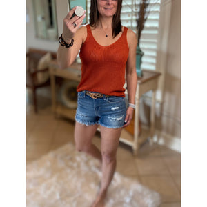 “Spring Fling” Sexy Low Double V Neck Back Sleeveless Dressy Sweater Tank Rust