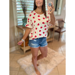 "Can't Buy Me Love" Heart Valentine Round Neck Short Ruffle Flutter Sleeve Top Red White