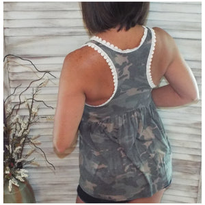 Crochet Trim Camouflage Baby Doll Sleeveless Tank Top Green S/M/L