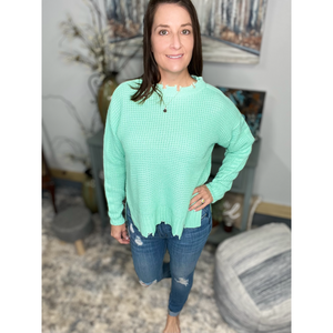 “Mint Julep” Chunky Waffle Knit Sweater Distressed Drop Shoulder Round Neck Split Side Long Sleeve Mint