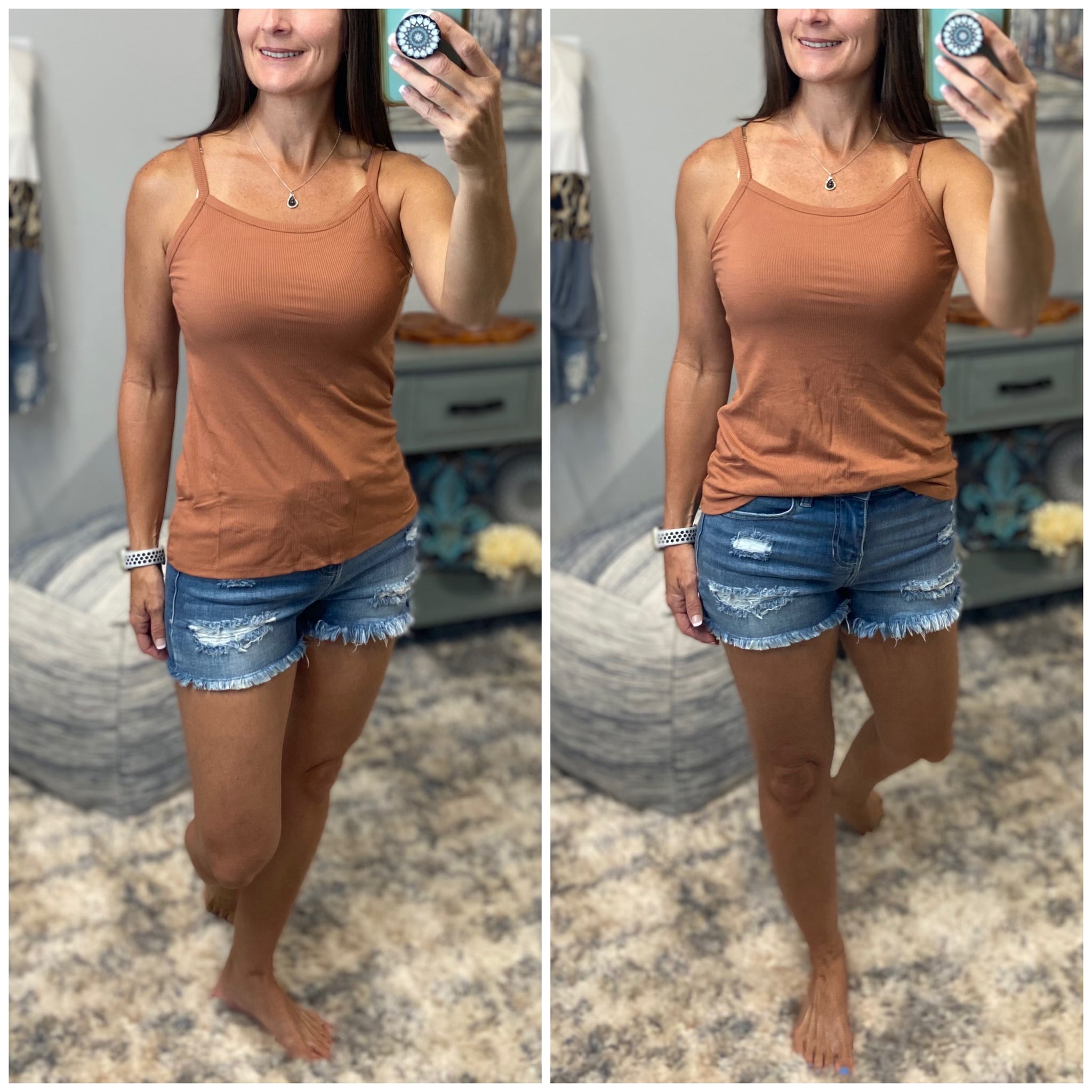“Perfect Places” Ribbed Scoop Spaghetti Strap Cami Tank Top Mocha S/M/L