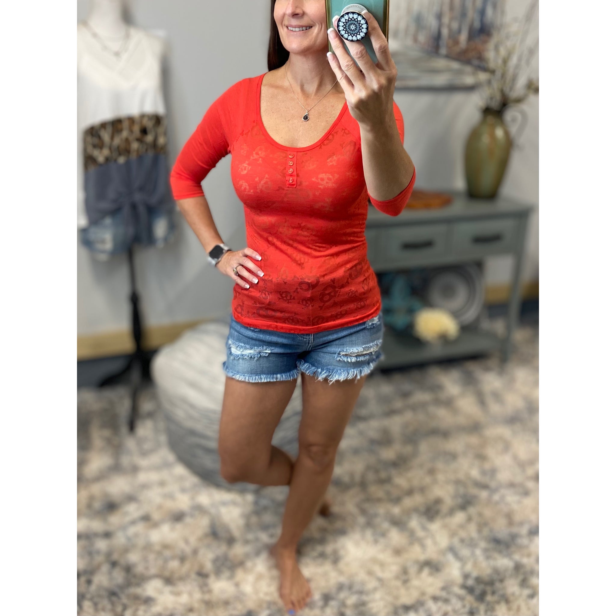Low Cut Scoop Burnout Grunge Skull Raglan Jersey Henley Top Shirt Red S/M/L