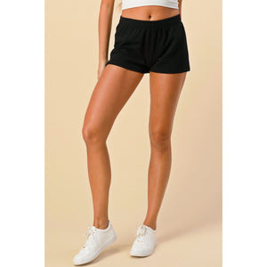Sporty Shorts Thin Ribbed Mid Rise Pull On Elastic Waist Casual Cotton Black