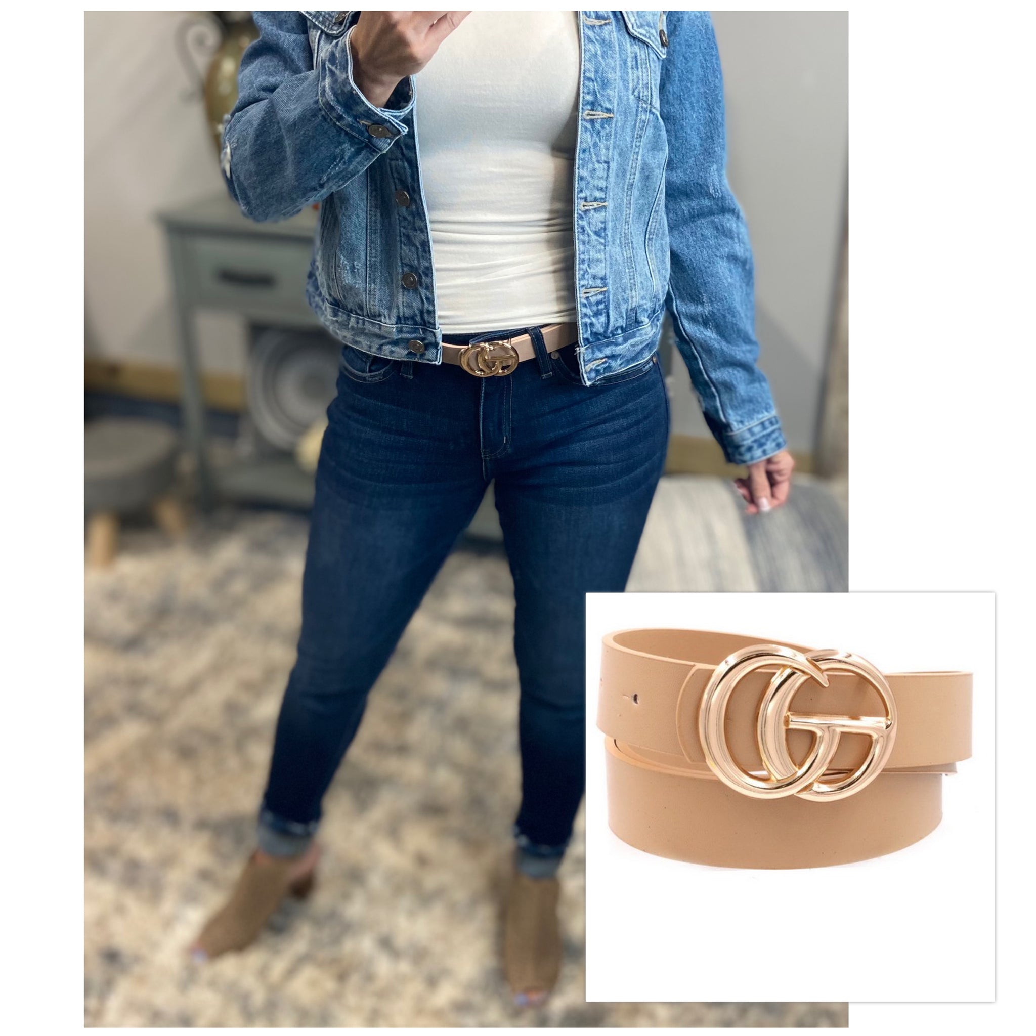 Double Metal Ring GO Buckle Faux Leather Belt Taupe Gold