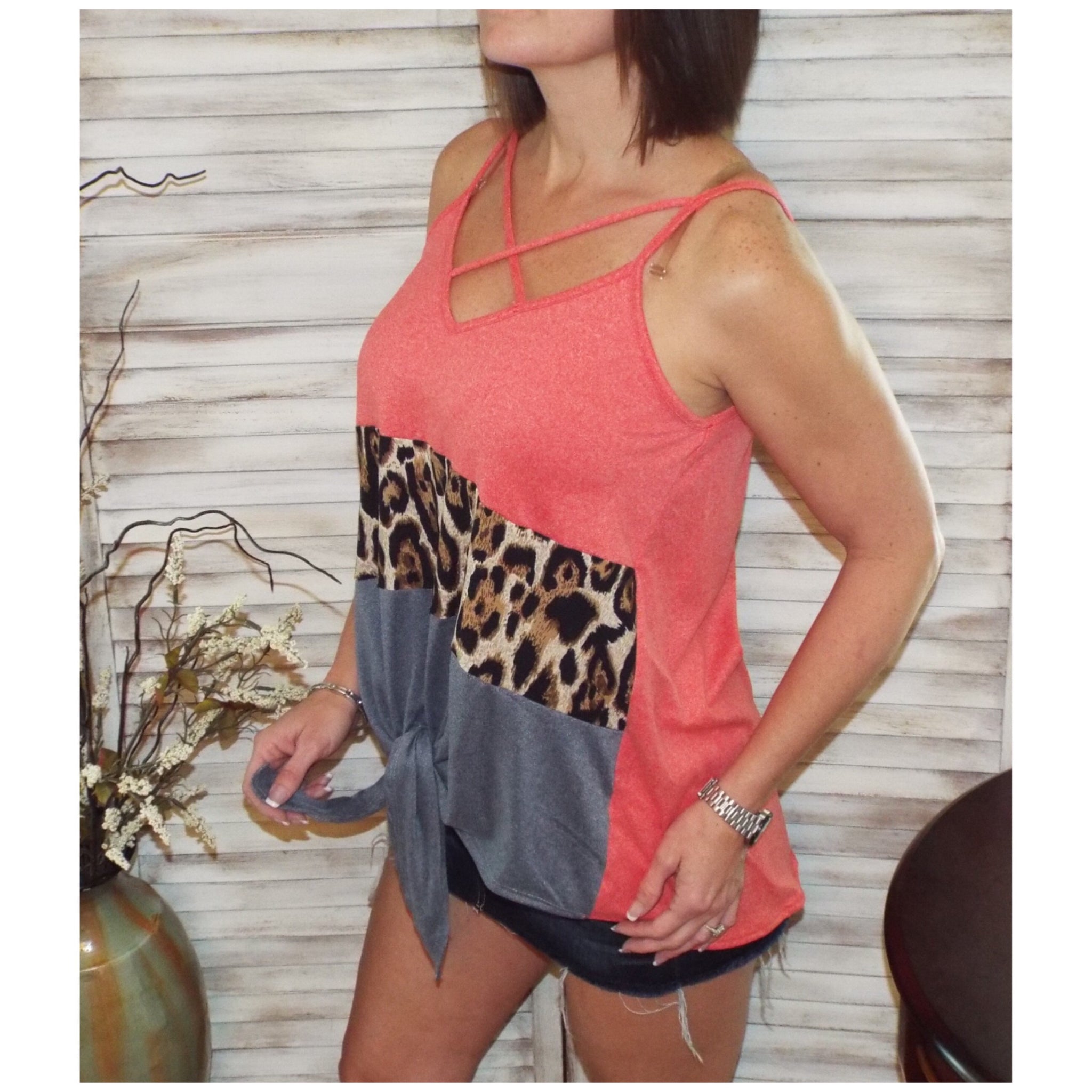 Sexy V-Neck Floaty Self Tie Animal Print Color Block Summer Tank Coral