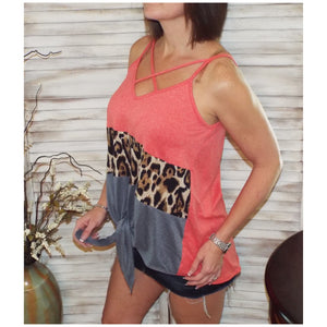 Sexy V-Neck Floaty Self Tie Animal Print Color Block Summer Tank Coral