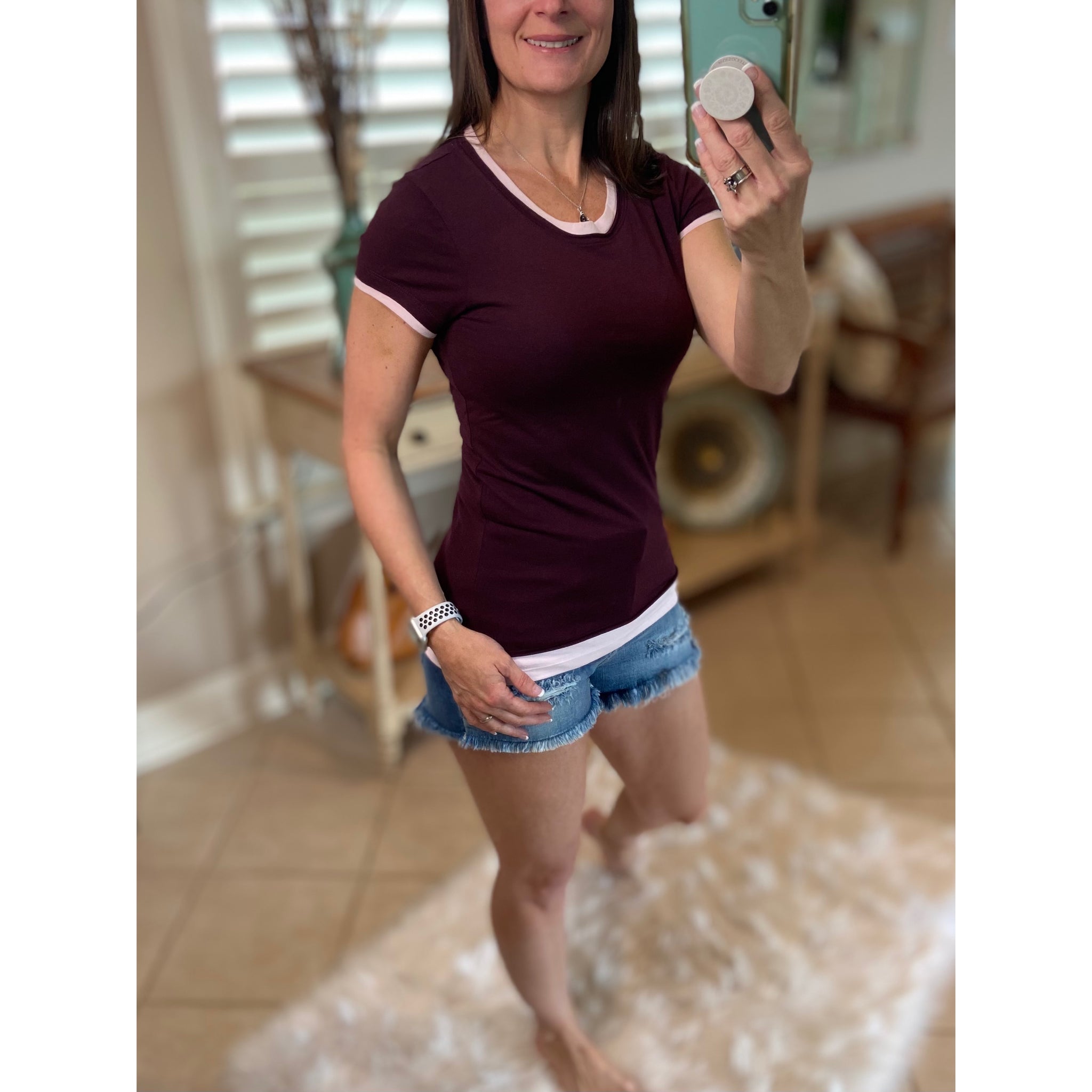 Very Sexy Crew Neck Baby Slimming Sheer Top Tee Brown Maroon Trim S/M/L/XL/XXL