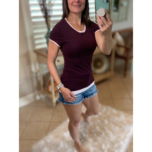 Very Sexy Crew Neck Baby Slimming Sheer Top Tee Brown Maroon Trim S/M/L/XL/XXL