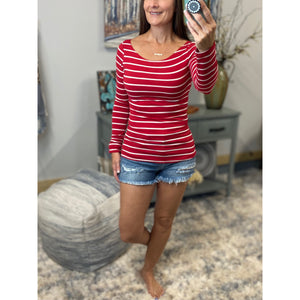 Sexy Boat Neck Preppy Striped Rugby Open Shoulder Stretch Shirt Top Red