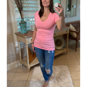“Basic Babe” Low Cut V-Neck Cleavage Baby Slimming Basic Tee Shirt Bright Pink S/M/L/XL