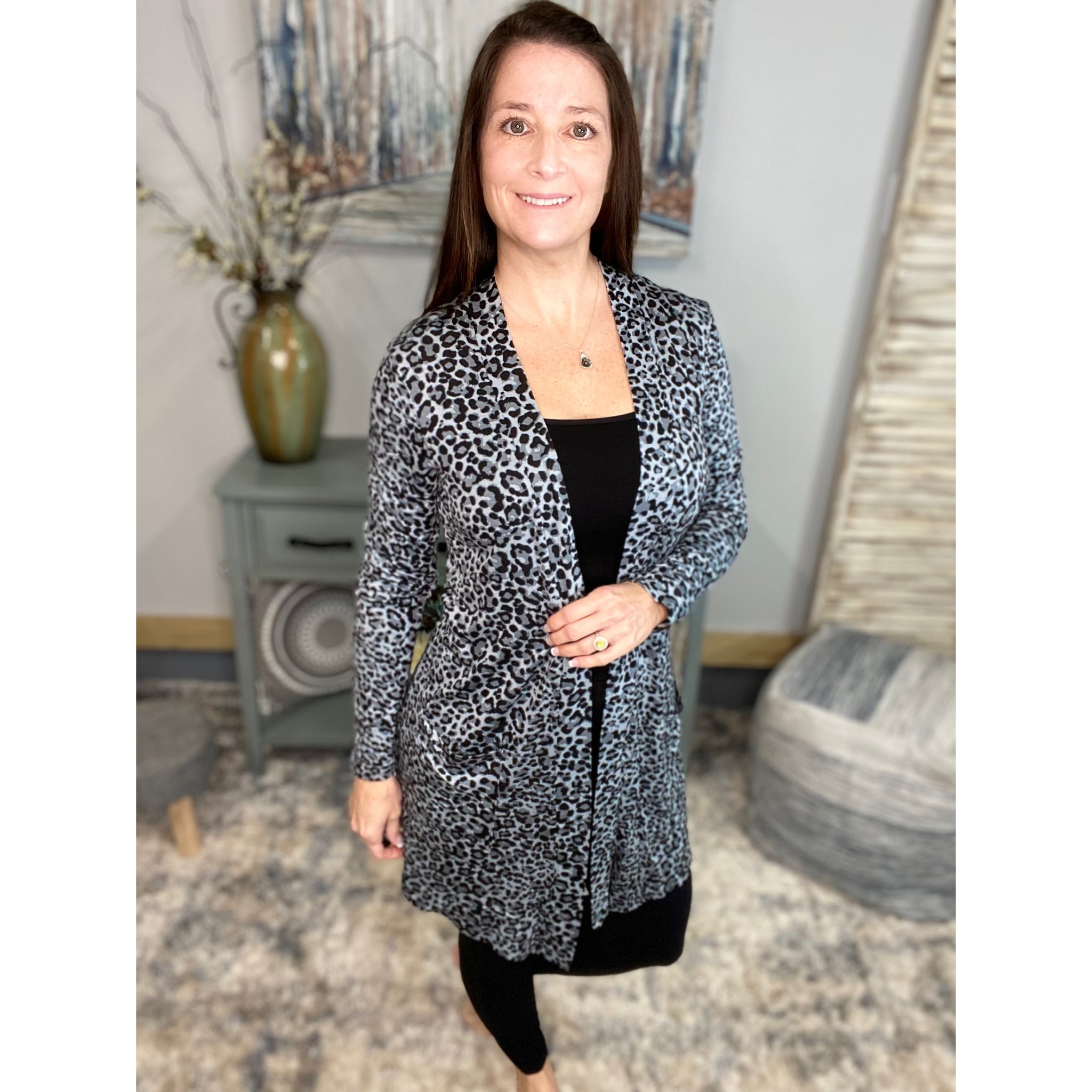 “See You Again” Leopard Long Open Front Cardigan Pocket Light Long Sleeve S/M/L/XL