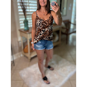 “Heat Wave” Reversible Leopard Low Scoop Or V Neck Spaghetti Strap Tank Top Brown