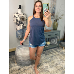 Tri Rocker Racerback Scoop Neck Floaty Trendy Tank Top Navy Blue S/M/L/XL