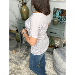 "Clouds Roll In" Wide Boat Neck Dolman Gauze Rolled Sleeve Ruched Sides Tunic Top Light Gray