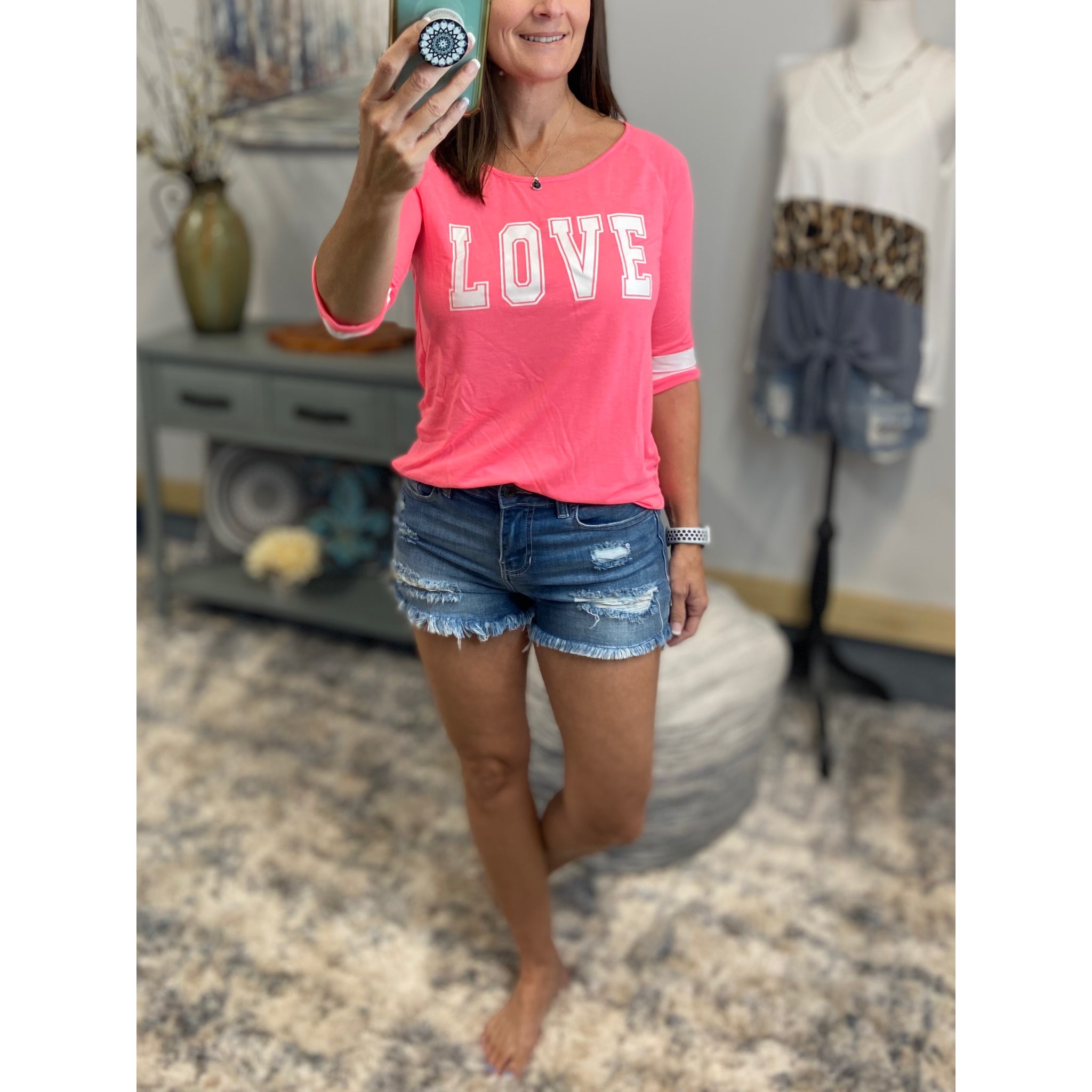 “Love On The Run” LOVE Sporty Football Sporty Floaty Scoop Tee Shirt Neon Pink S/M/L