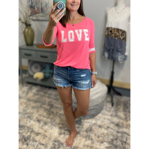 “Love On The Run” LOVE Sporty Football Sporty Floaty Scoop Tee Shirt Neon Pink S/M/L