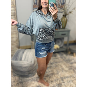 “Better Half” Leopard French Terry Color Block Hoodie Kangaroo Pocket Crew Neck Long Sleeve Gray