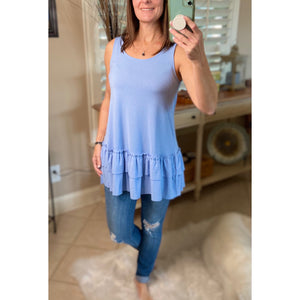 Ruffle Bottom Scoop Neck Sleeveless Floaty Tunic Tank Top Spring Blue