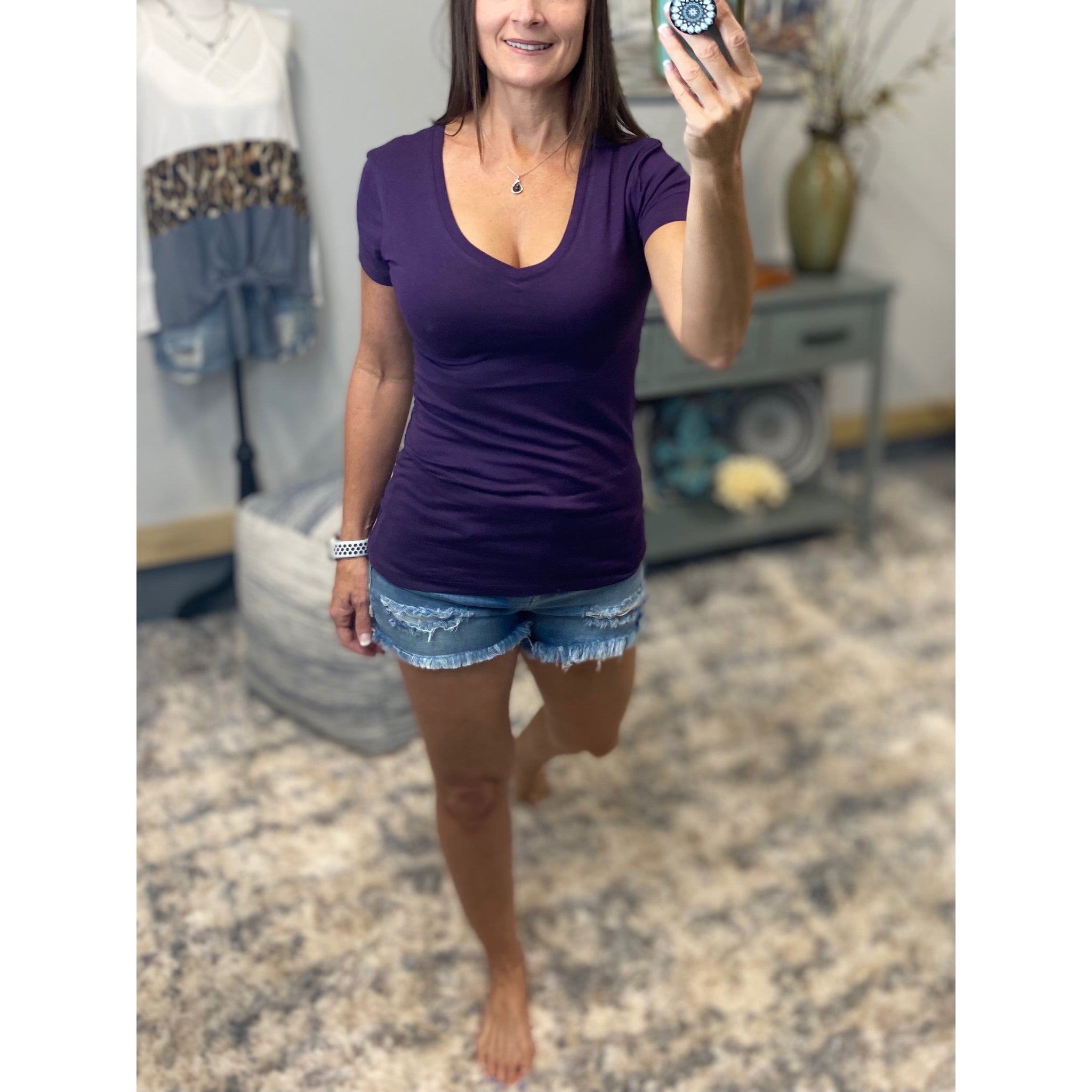 “Basic Babe” Low Cut V-Neck Cleavage Baby Slimming Basic Tee Shirt Dk Purple