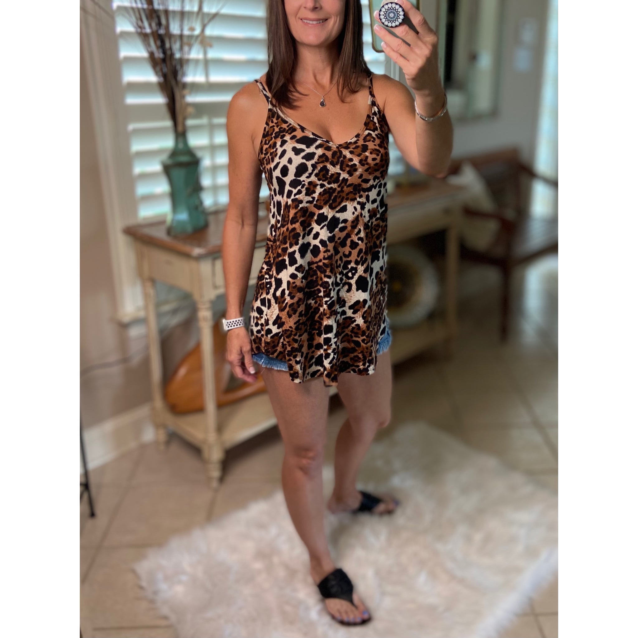 “Heat Wave” Reversible Leopard Low Scoop Or V Neck Spaghetti Strap Tank Top Brown