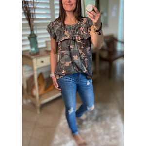 “I’m Still A Girl” Camouflage Gathered Chest Short Ruffle Sleeve Top Green S/M/L/XL