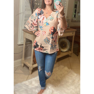 “Spring Is In The Air” Floral Print V-Neck Flared Sleeve Boho Dressy Top Light Peach S/M/L/XL/2X