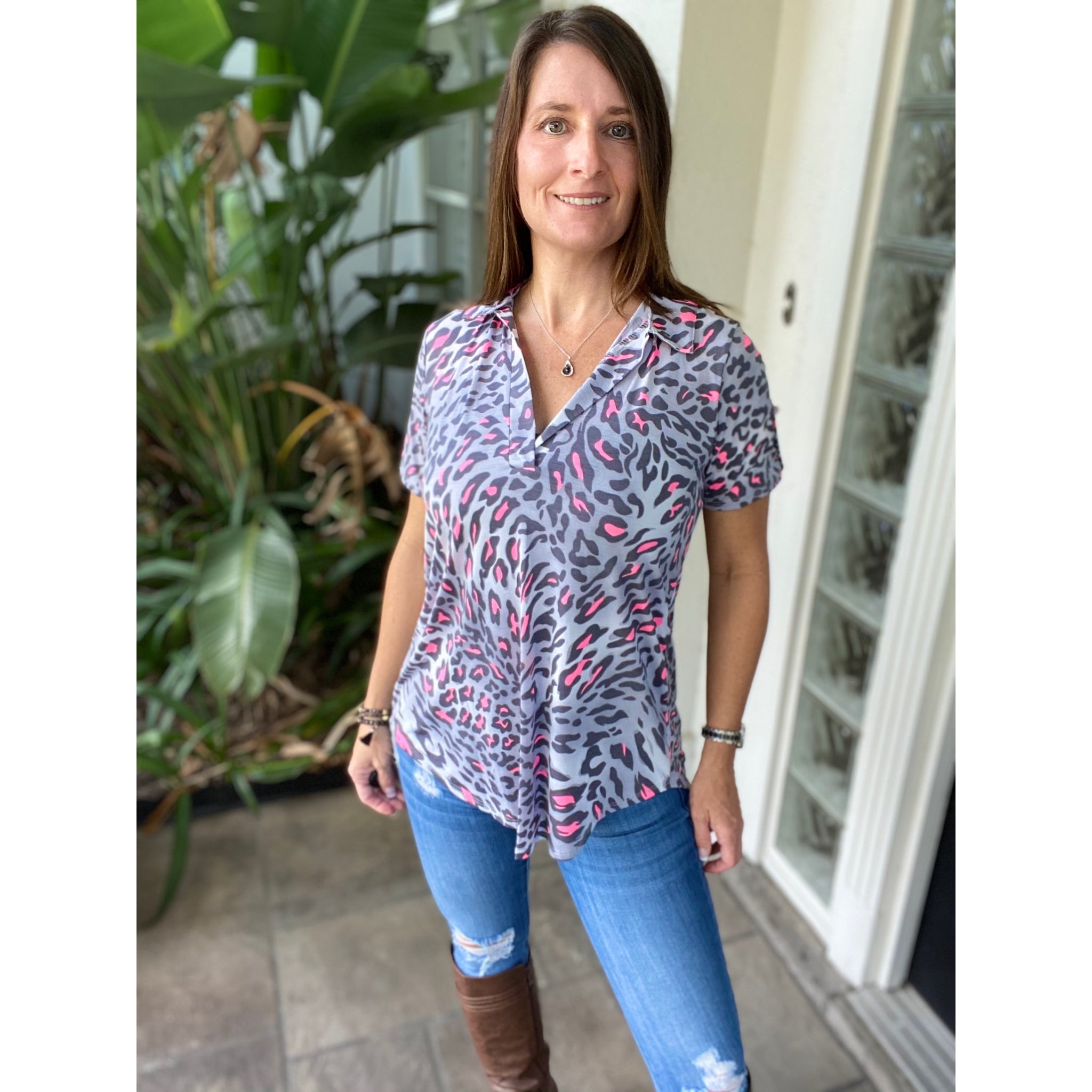 “She Is Fierce” Leopard V-Neck Collar Short Sleeve Tab Button Floaty Top Gray Pink