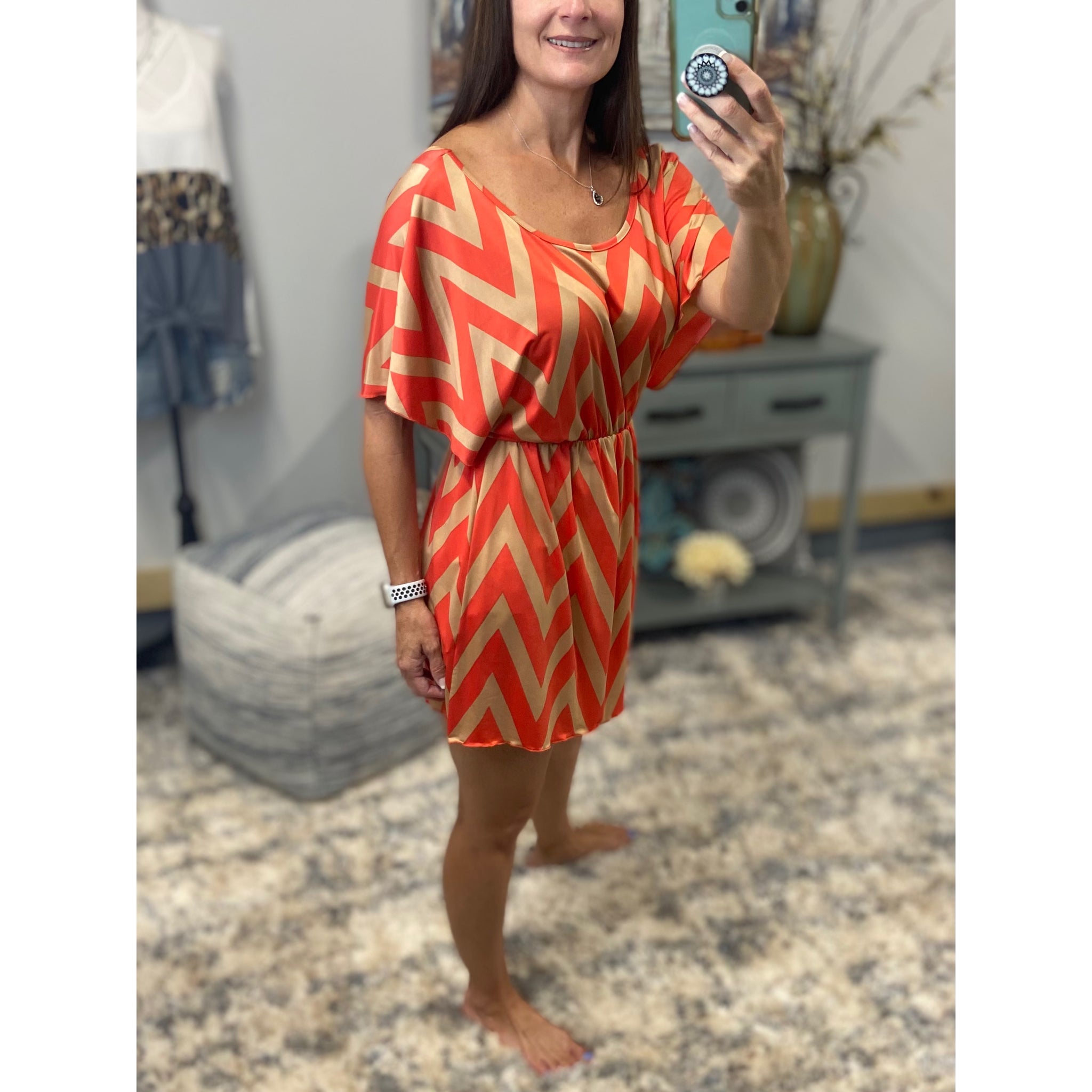 Sexy Chevron Zig Zag Print Batwing Dolman Elastic Waist Dress Tan/Coral S/M/L/XL