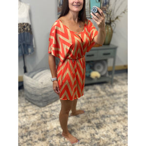 Sexy Chevron Zig Zag Print Batwing Dolman Elastic Waist Dress Tan/Coral S/M/L/XL