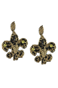 “Let’s Go All The Way” Fleur de Lis Seed Bead Post Earrings Saints Black & Gold