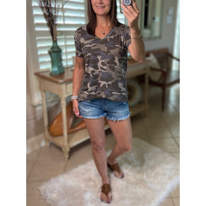 "Summertime Tee" Camouflage Loose Floaty V Neck Short Sleeve Boyfriend Tee Shirt Army Green