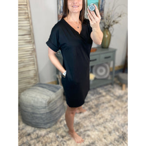 "Timeless" Boxy V-Neck Rolled Cuff Sleeve Pocket Summer Tee Shirt Dress Black S/M/L/XL