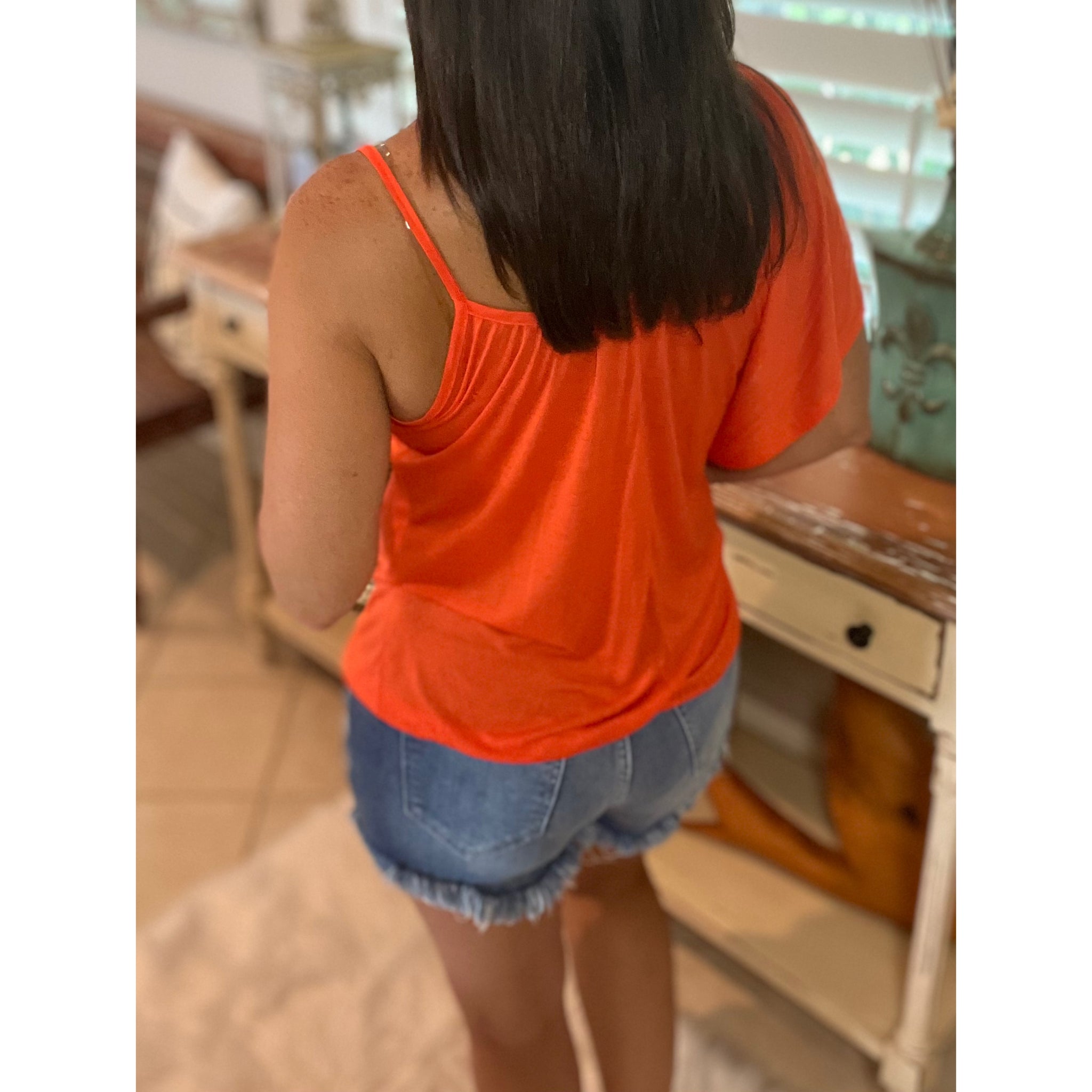 Dolman Ruched Flutter Batwing Cold One Shoulder Club Top Orange S/M/L