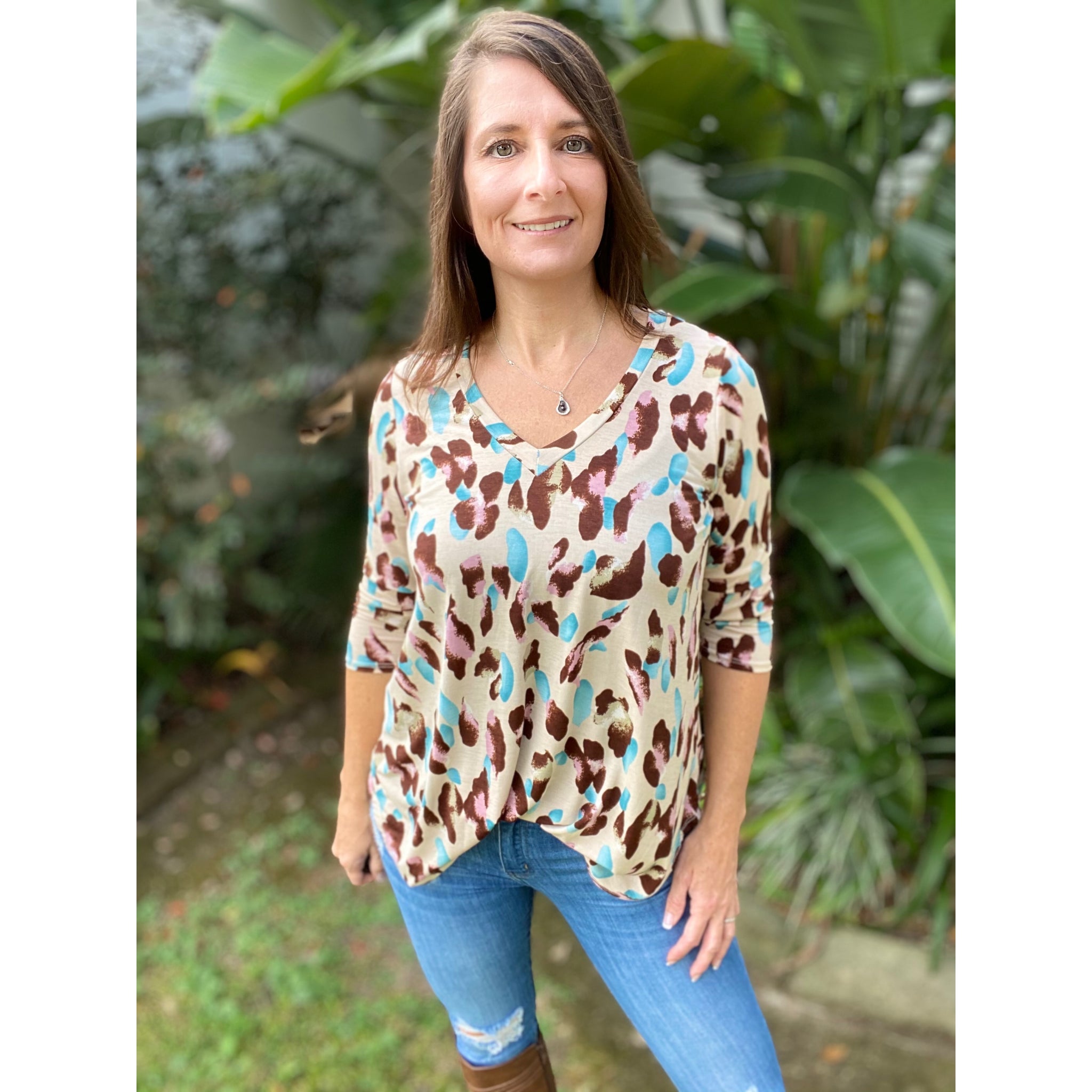 “Too Good To Be True” Leopard Print V Neck Quarter Sleeve Round Bottom Floaty Taupe Pink