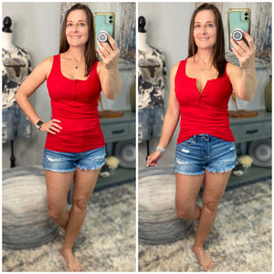 “Let The Sun Shine” Ribbed Henley Low Cut Boy Beater Cleavage Fitted Tank Top Red
