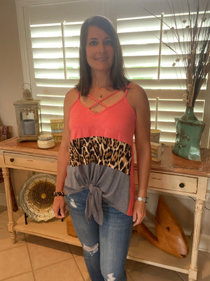 Sexy V-Neck Floaty Self Tie Animal Print Color Block Summer Tank Coral