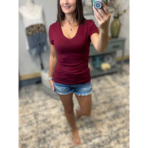 “Basic Babe” Low Cut V-Neck Cleavage Baby Slimming Basic Tee Shirt Maroon S/M/L/XL