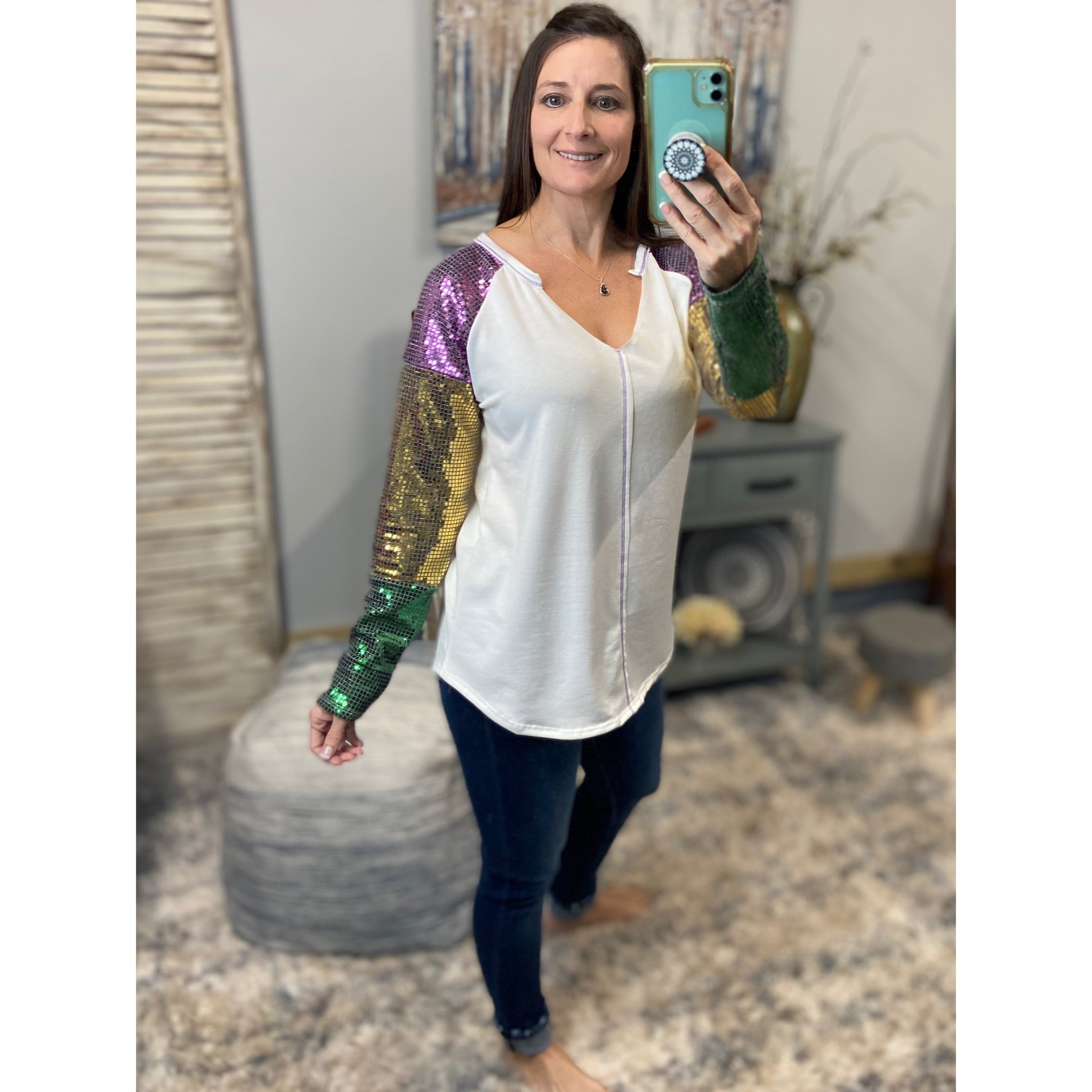 “Let The Good Times Roll” Mardi Gras Sequined Color Block Sleeves French Terry Purple Green & Gold Ivory S/M/L/XL