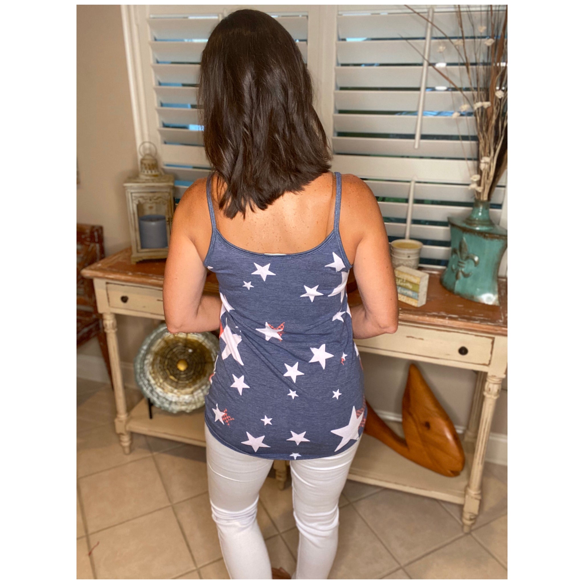 4th of July V-Neck Floaty Self Tie Star Print Summer Tank Red White Blue