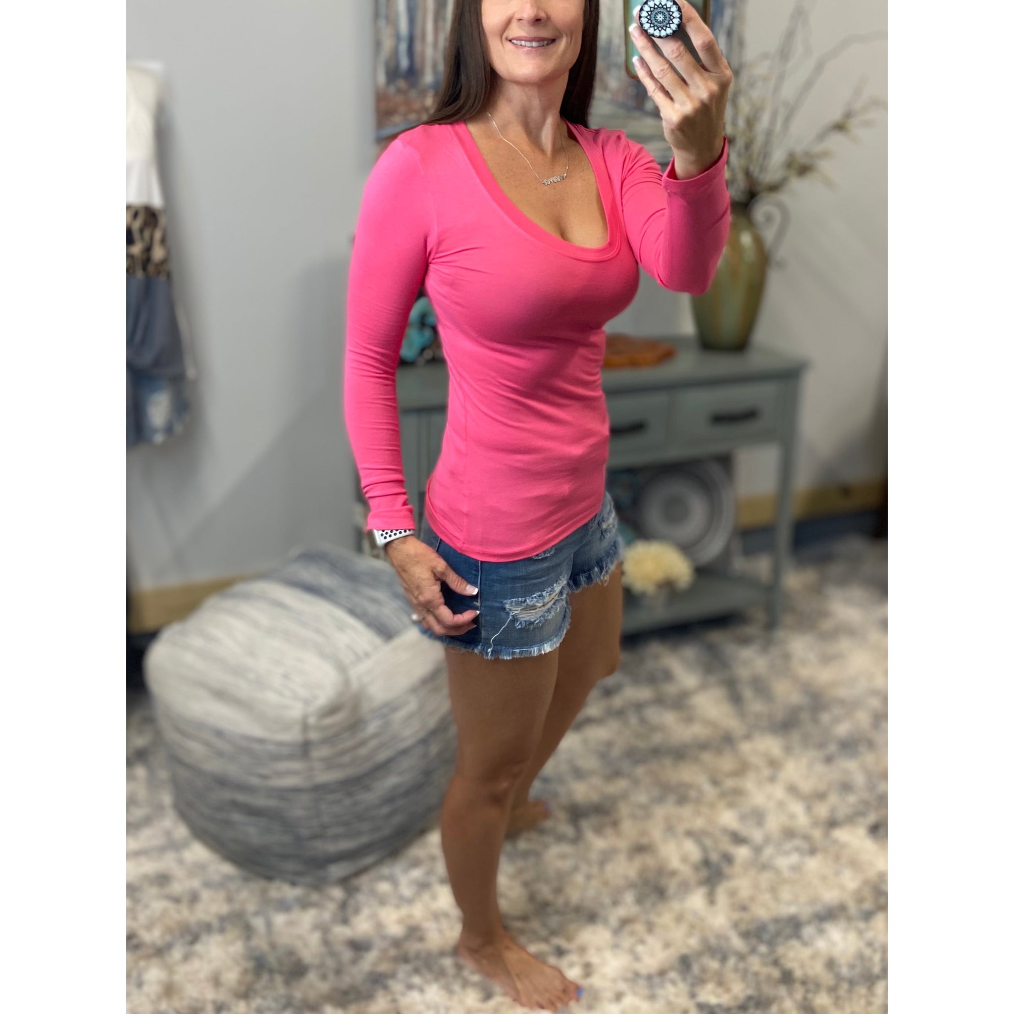 “Easygoing” Slimming Scoop Neck Low Cut L/S Tissue Basic Baby Shirt Top Pink S/M/L