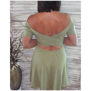 Sexy Off Shoulder Cross Back A-Line Short Sleeve Flare Dress Sage Green S/M/L