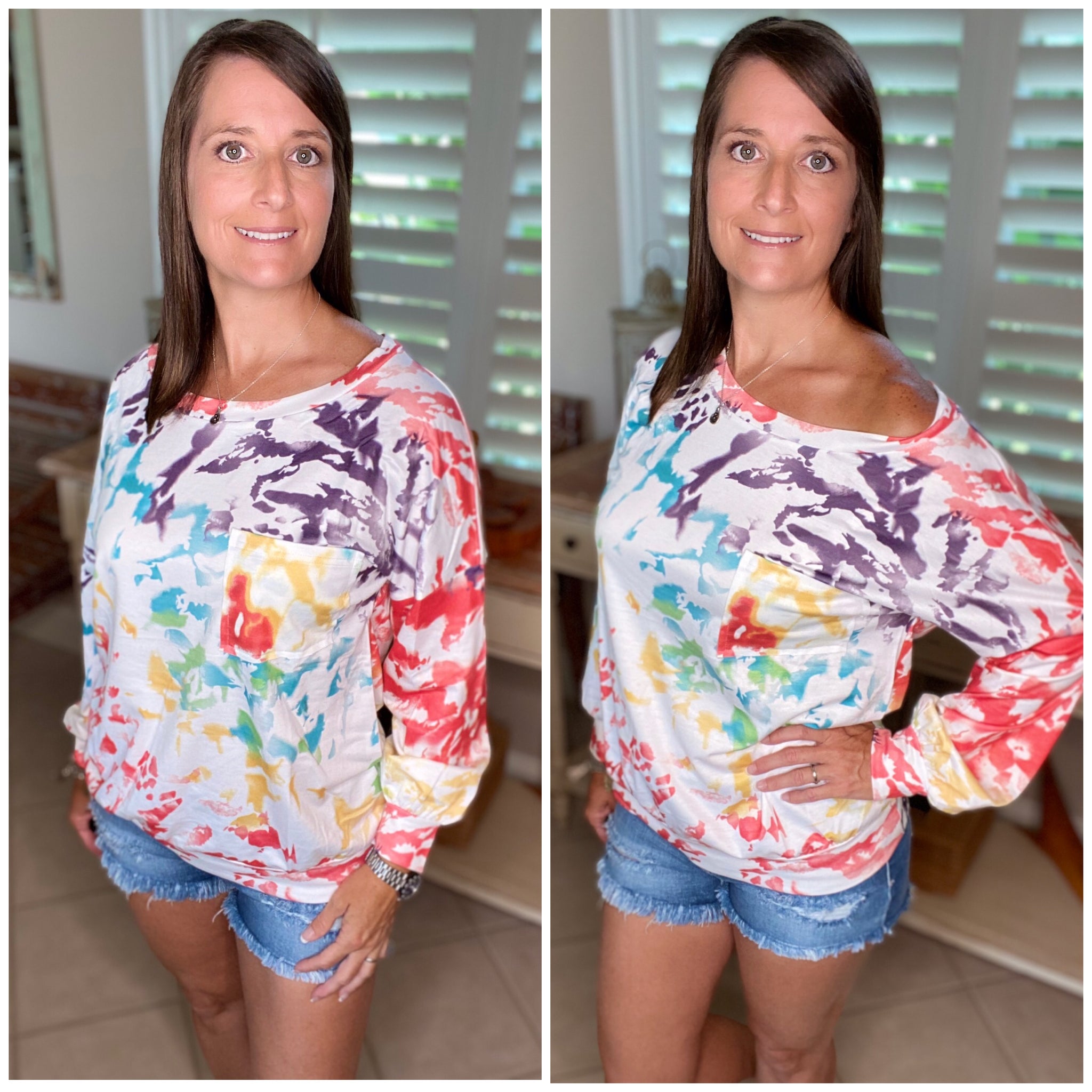 “Wild About You” Multi Tie Dye Wide Rounded Neck Off Shoulder Banded Long Sleeve Top Red