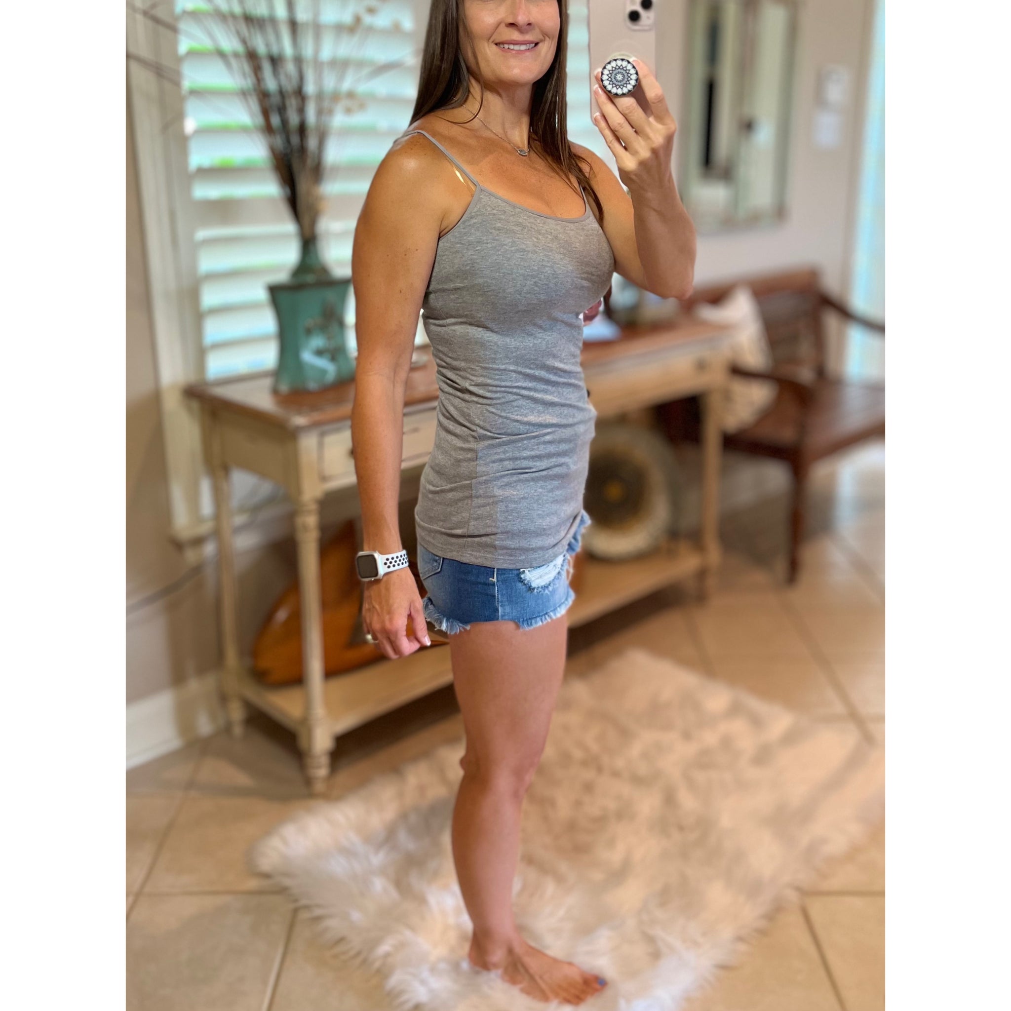 Sexy Low Cut No Bra Cleavage Adjustable Strap Cami Tunic Tank Dk Gray 1X/2X/3X