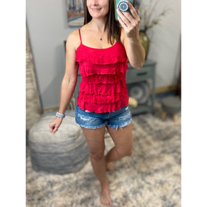 Tiered Ruffle Lace Scoop Neck Low Cut Cleavage Tank Cami Top Red 1X/2X/3X