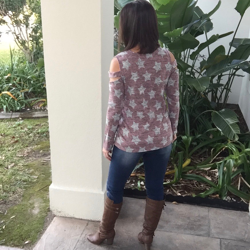 "Rising Star" Star Pattern Split Open Cold Shoulder Light Sweater Long Sleeve Pink