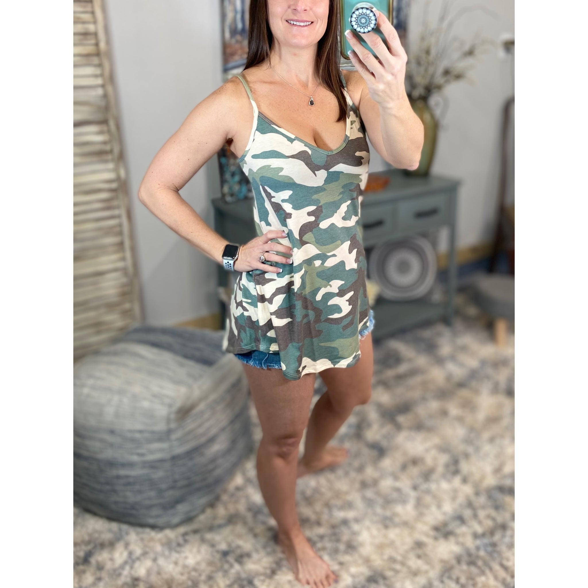 “Heat Wave” Reversible Camouflage Low Scoop Or V-Neck Tank Shirt Top Light Green S/M/L/XL