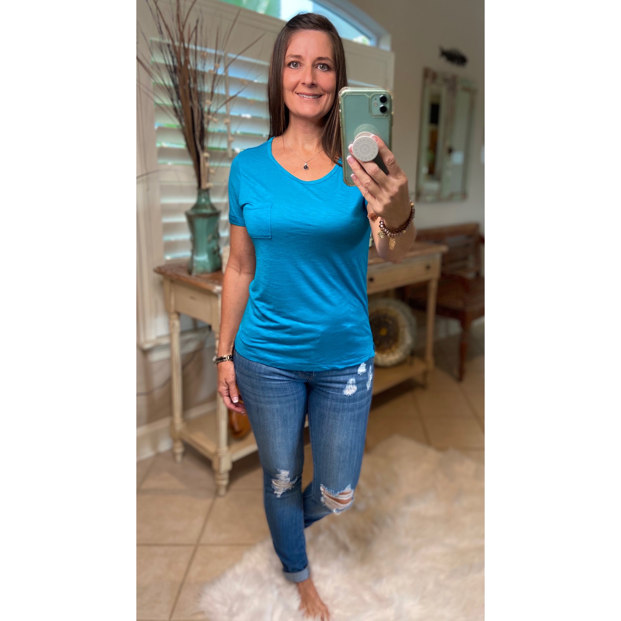 Very Sexy Sheer Burnout Melange Tissue Scoop Neck Top Shirt Tee Jade S/M/L