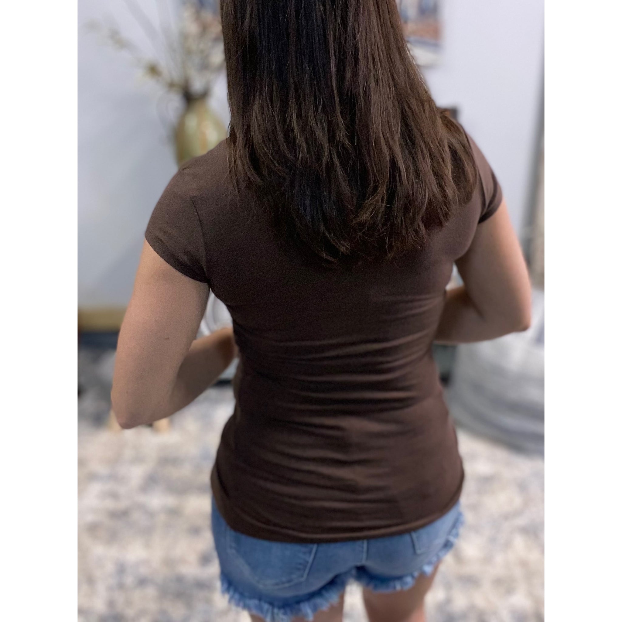 “Basic Babe” Low Cut Scoop Neck Cleavage Baby Slimming Basic Tee Shirt Brown S/M/L