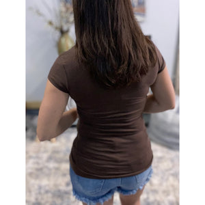 “Basic Babe” Low Cut Scoop Neck Cleavage Baby Slimming Basic Tee Shirt Brown S/M/L