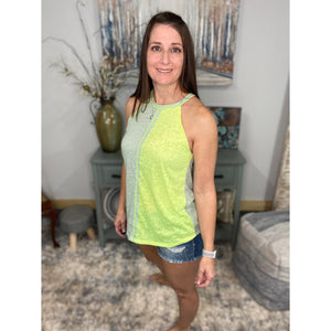 “She Knows” Halter Color Block Rocker Racerback Burnout Scoop Neck Floaty Tank Top Neon Yellow Sage